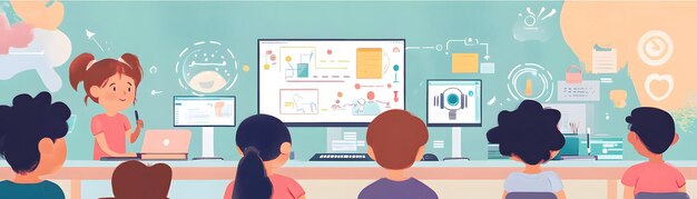 Una escena de aula vibrante con estudiantes involucrados en el aprendizaje de un maestro utilizando pantallas digitales e herramientas interactivas