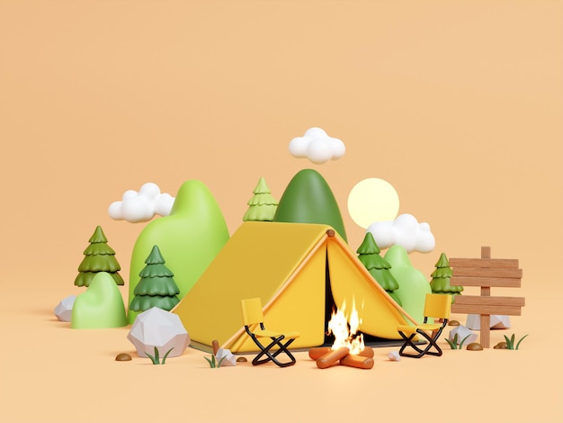 Escena de aventura de acampada con una tienda alegre y una ilustración de fuego de campamento en 3D