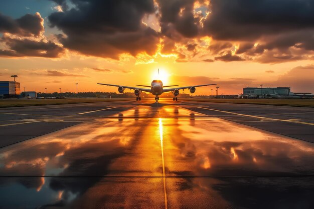 Escena de aviación dramática y serena al atardecer en la pista del aeropuerto