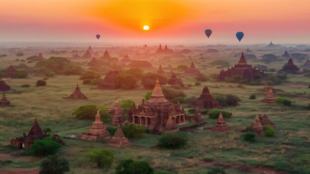 La escena de Bagan en Myanmar