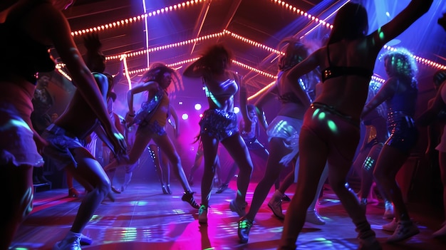 Foto escena de baile de alta energía en un club iluminado con neón capturando el movimiento animado y las expresiones de bailarines extáticos congelados en el tiempo las luces vibrantes añaden una atmósfera dinámica y estimulante a la