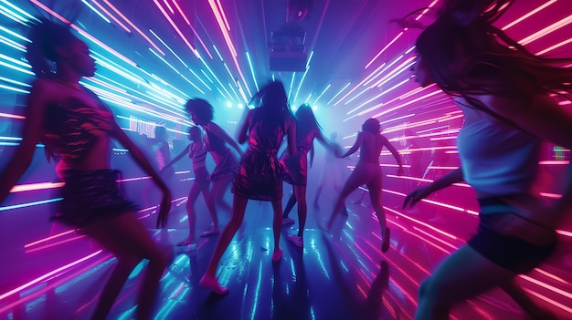 Escena de baile de alta energía en un club pulsante mientras las luces de neón arrojan tonos vibrantes en las expresiones congeladas de los bailarines dinámicos en el aire