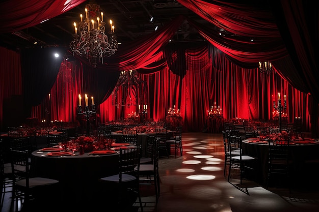 Foto escena de baile de vampiros con invitados elegantes con una decoración opulenta y una atmósfera de misterio.