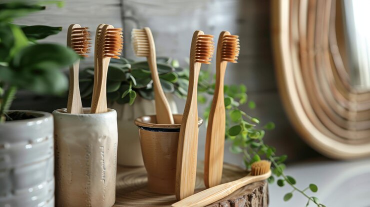 Escena del baño que muestra cepillos de dientes de bambú en un soporte de cerámica con vegetación en el fondo