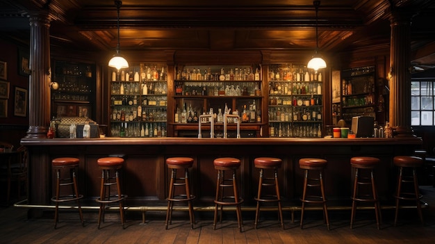 Escena de un bar antiguo Interior de bar o pub de estilo tradicional o británico con paneles de madera