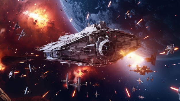Una escena de batalla de Star Wars con una nave espacial de Star Wars y una explosión de fuego.