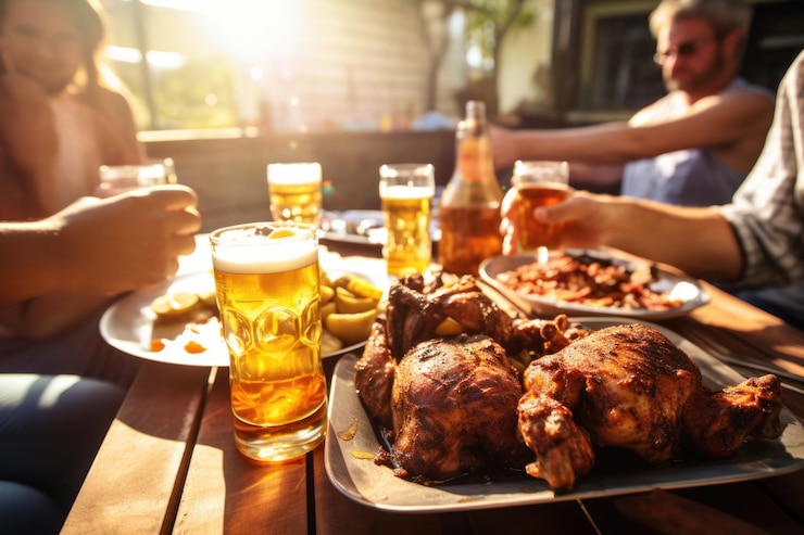 Escena de BBQ con amigos compartiendo pollo y bebiendo cerveza ligera