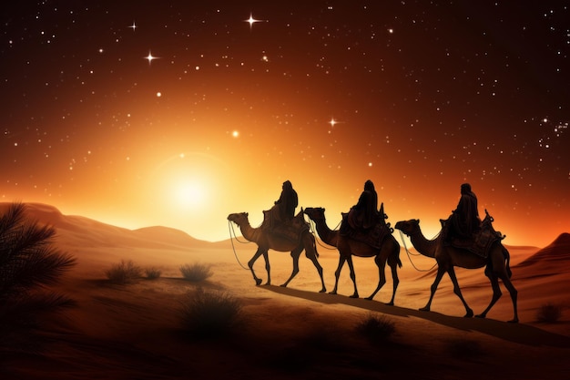 Escena bíblica con tres reyes y camellos siguiendo una estrella guía a través del desierto IA generativa