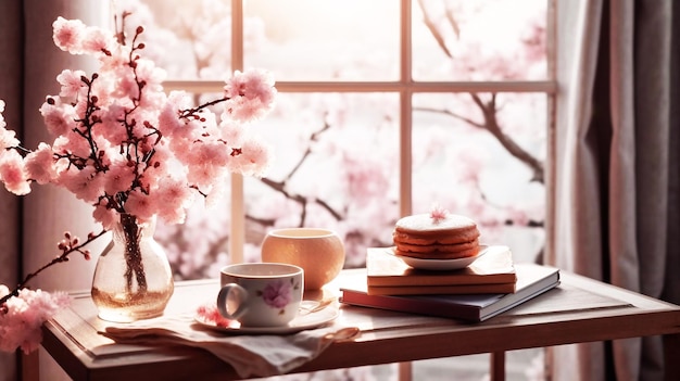 Escena de bodegones de primavera con flor de Sakura y café