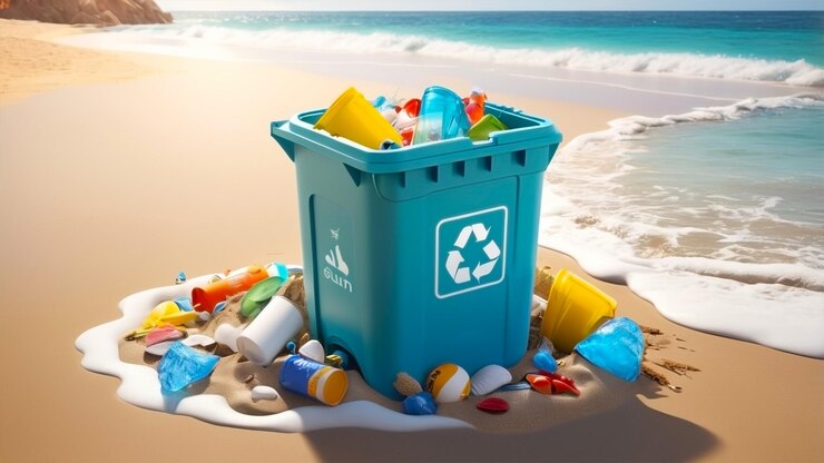 escena en el borde de una playa con arena blanca hay cajas donde la basura de plástico se apila