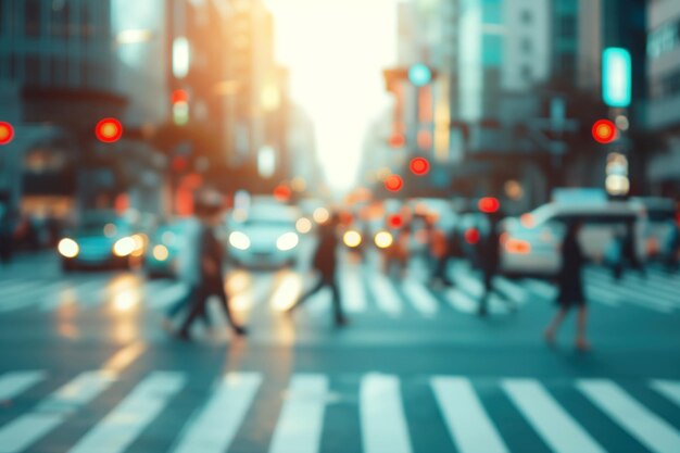 Foto escena borrosa de la calle de la ciudad la gente cruza la calle mientras el semáforo