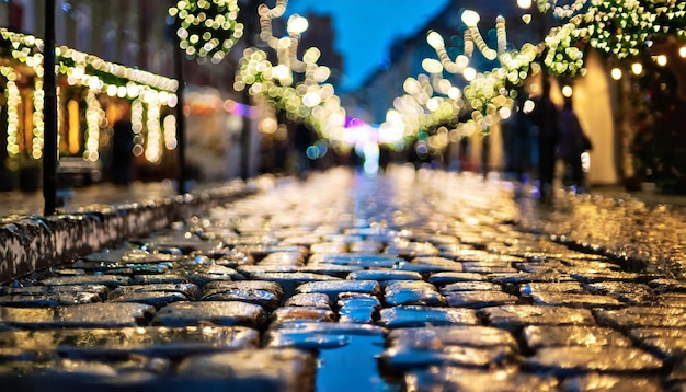 Escena borrosa del mercado navideño en una calle urbana empapada de lluvia por la noche luces vibrantes multitud bulliciosa