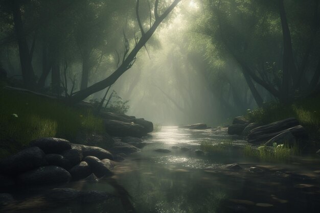 Una escena de bosque con un arroyo y árboles al fondo.