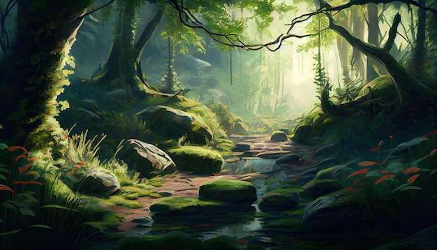 Una escena de bosque con un arroyo y árboles.