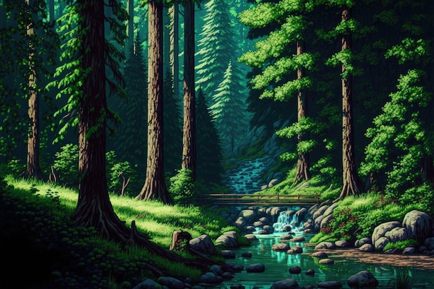 Una escena de bosque con un arroyo que lo atraviesa.
