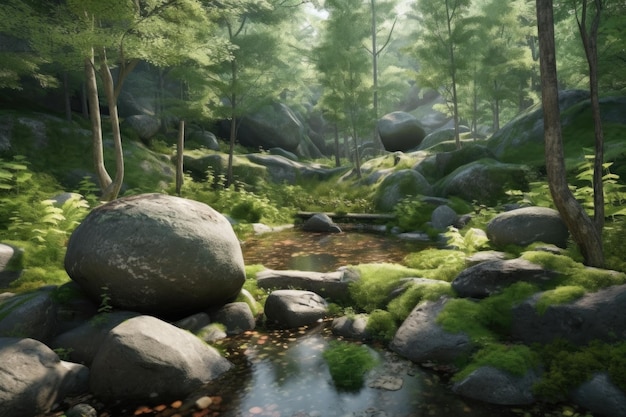 Una escena de bosque con un arroyo y rocas Generative Ai