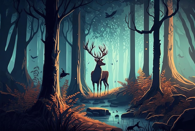 Escena en el bosque con ciervos.