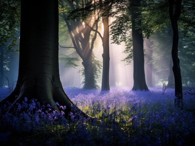 Una escena de bosque encantador con una alfombra de campanillas