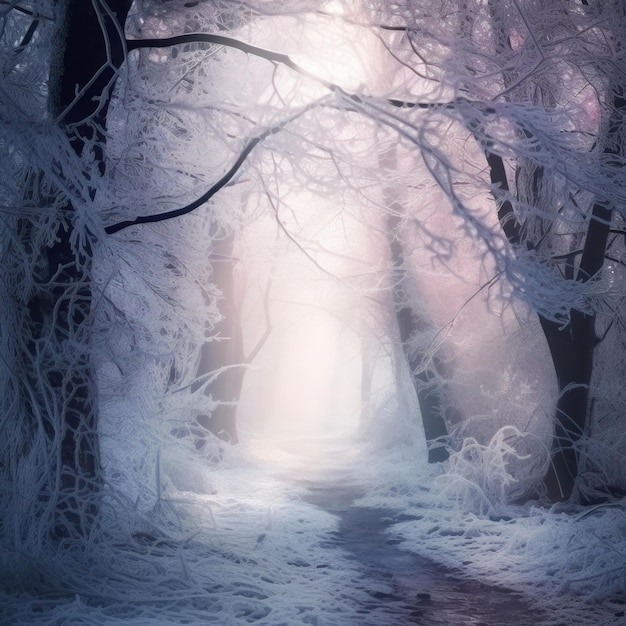 Escena de bosque de invierno con árboles cubiertos de helada blanca arqueándose sobre un camino