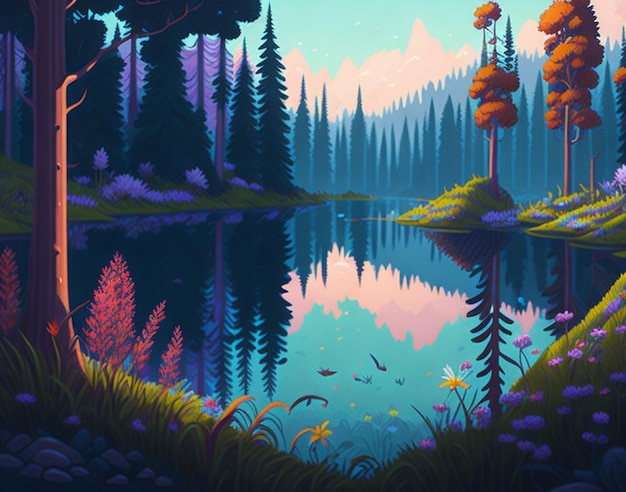Escena del bosque con lago y árboles paisaje de fondo de la naturaleza AI generado