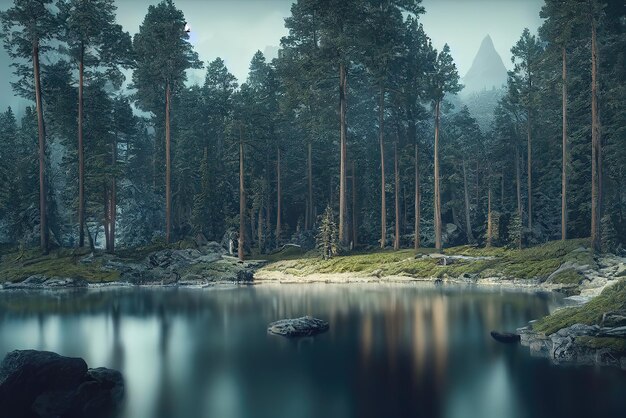 Una escena de bosque con un lago y árboles en primer plano y un bosque al fondo.