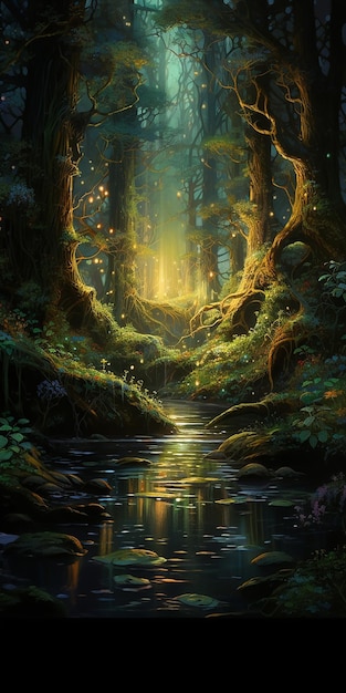 una escena de un bosque luminosidad del agua diseño meticuloso criaturas oníricas iluminación encantadora
