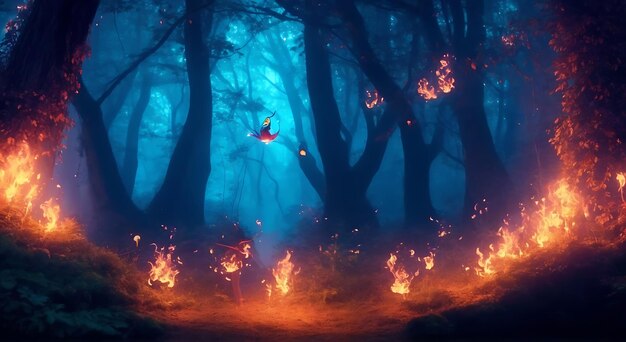 Escena de bosque mágico con IA generativa de luciérnaga iluminada
