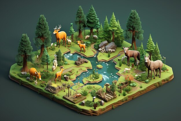 Una escena de bosque en miniatura de naturaleza isométrica con animales