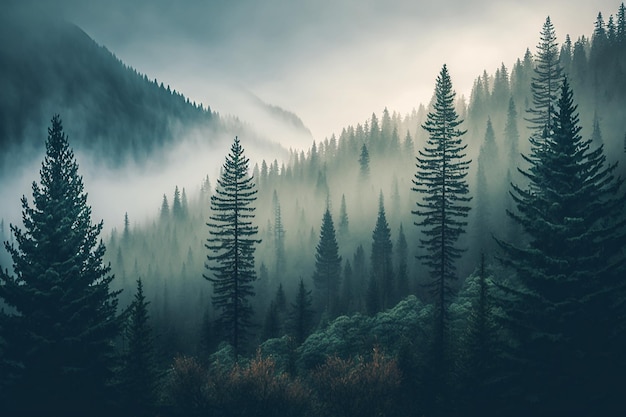 Una escena de bosque con una montaña neblinosa al fondo.