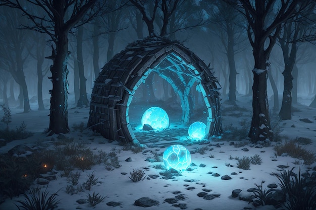 Una escena de bosque nevado con luces azules brillantes