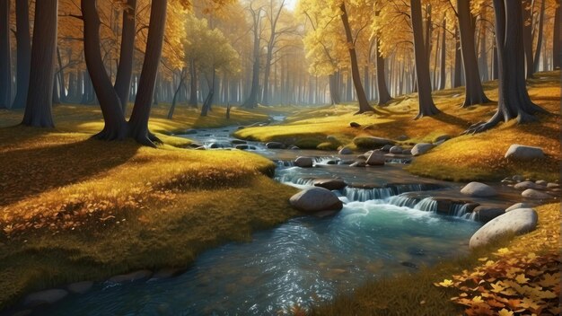 Escena de bosque de otoño con arroyo y follaje