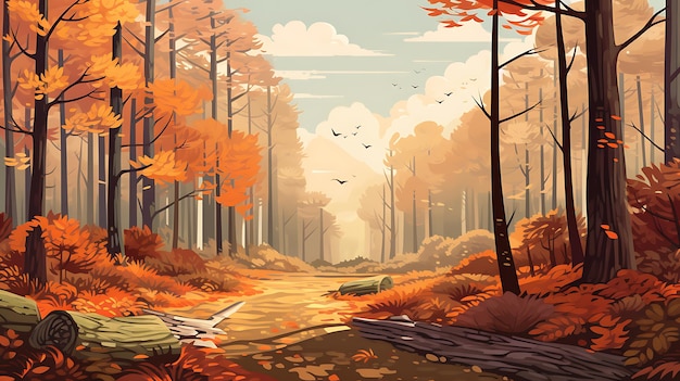 Escena de bosque de otoño con carretera de tierra de hierba en mitad del otoño Ilustración de la temporada de otoño