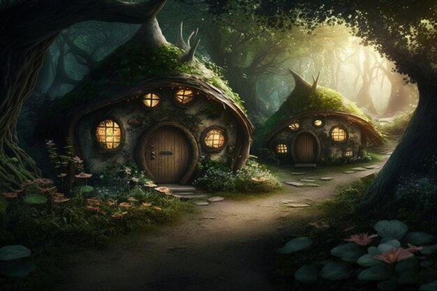 Una escena de bosque con una pequeña casa con un árbol a la izquierda y un bosque a la derecha.