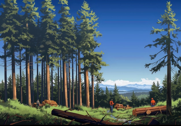 Escena del bosque con pinos y leñador en primer plano Ilustración para niños
