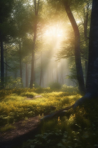 Una escena de bosque con el sol brillando a través de los árboles.