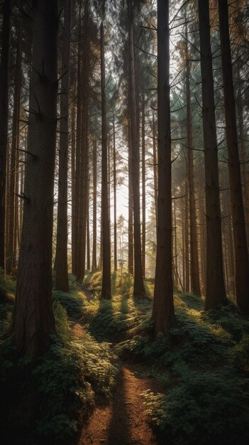 Una escena de bosque con el sol brillando a través de los árboles.