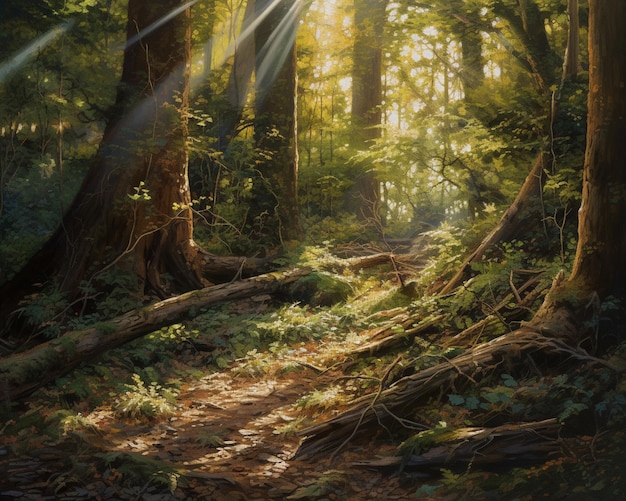 Una escena de bosque con el sol brillando a través de los árboles.