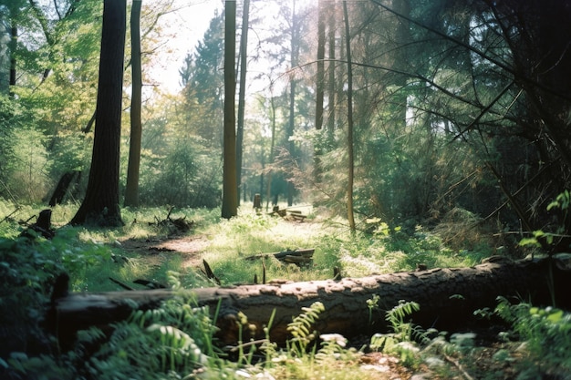 Una escena de bosque con un tocón de árbol en primer plano y el sol brillando a través de los árboles.