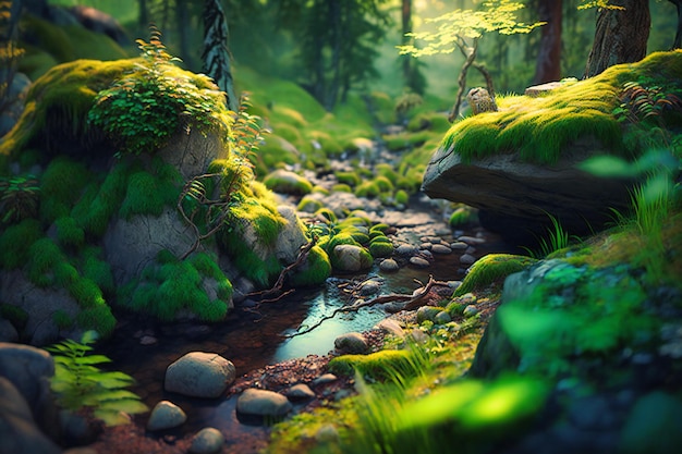 Una escena de bosque verde pacífica y aislada.