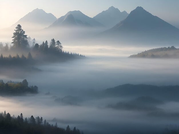 Una escena brumosa de la mañana con niebla rodando sobre un lago sereno y montañas al fondo