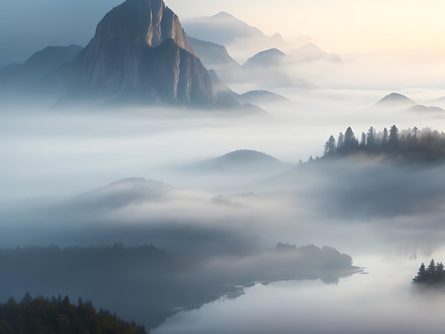 Una escena brumosa de la mañana con niebla rodando sobre un lago sereno y montañas al fondo