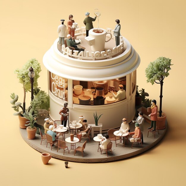 Escena de café isométrica en miniatura