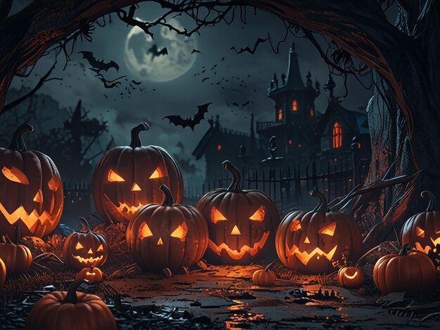 una escena con calabazas y un castillo en el fondo