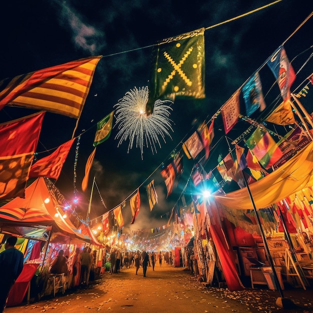 Una escena callejera con banderas y personas y una bandera con la letra u en ella