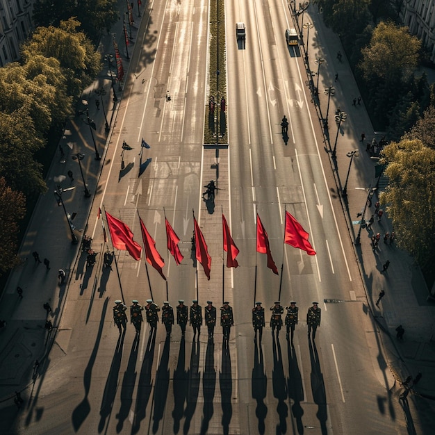 Foto escena callejera de las banderas rojas de la celebración del día de la victoria de bielorrusia