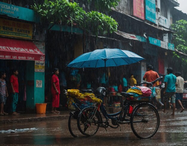 Foto una escena callejera con bicicletas y un paraguas azul con la palabra coca en él