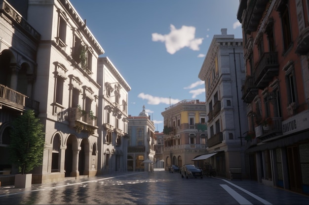 Una escena callejera con un cielo azul y edificios.