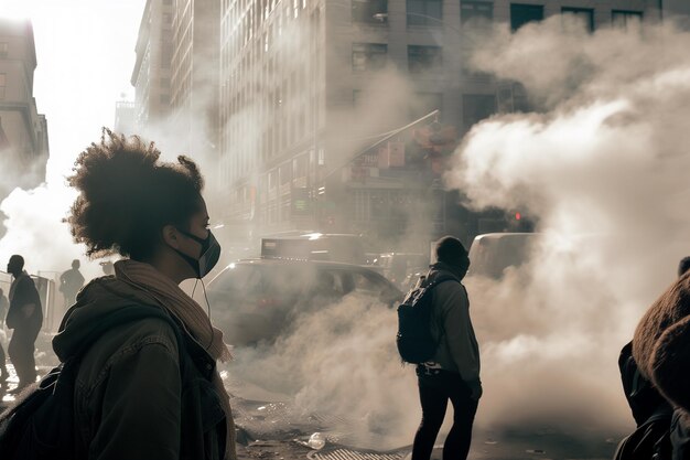 Una escena callejera de la ciudad con personas que llevan máscaras en medio del vapor espeso o el humo que crea una neblina