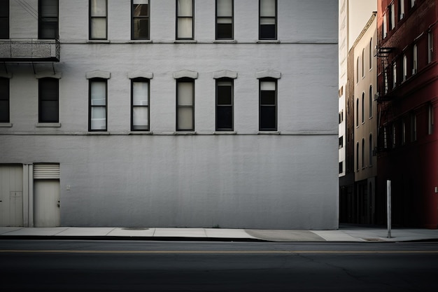 Una escena callejera con un edificio gris y un edificio gris con ventanas.