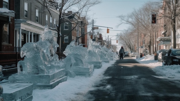 Una escena callejera con un edificio hecho de hielo y gente caminando por él.